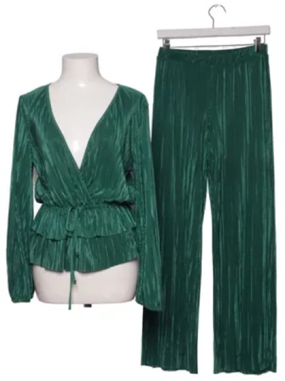 Zara Emerald Green Pleated Wrap Top & Wide-Leg Pants Set, Blogger Favorite